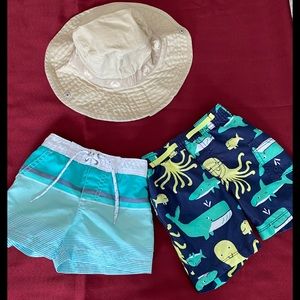 bathing suit bottoms and sun hat